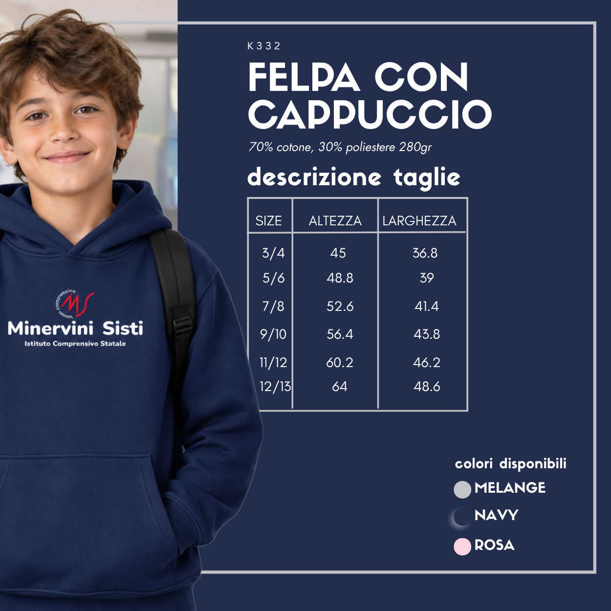 Felpa con cappuccio bambino Istituto Comprensivo Statale “Minervini-Sisti” 2026/2027 – K332 2 Felpa con cappuccio bambino Istituto Comprensivo Statale “Minervini-Sisti” 2026/2027 – K332 - immagine 2