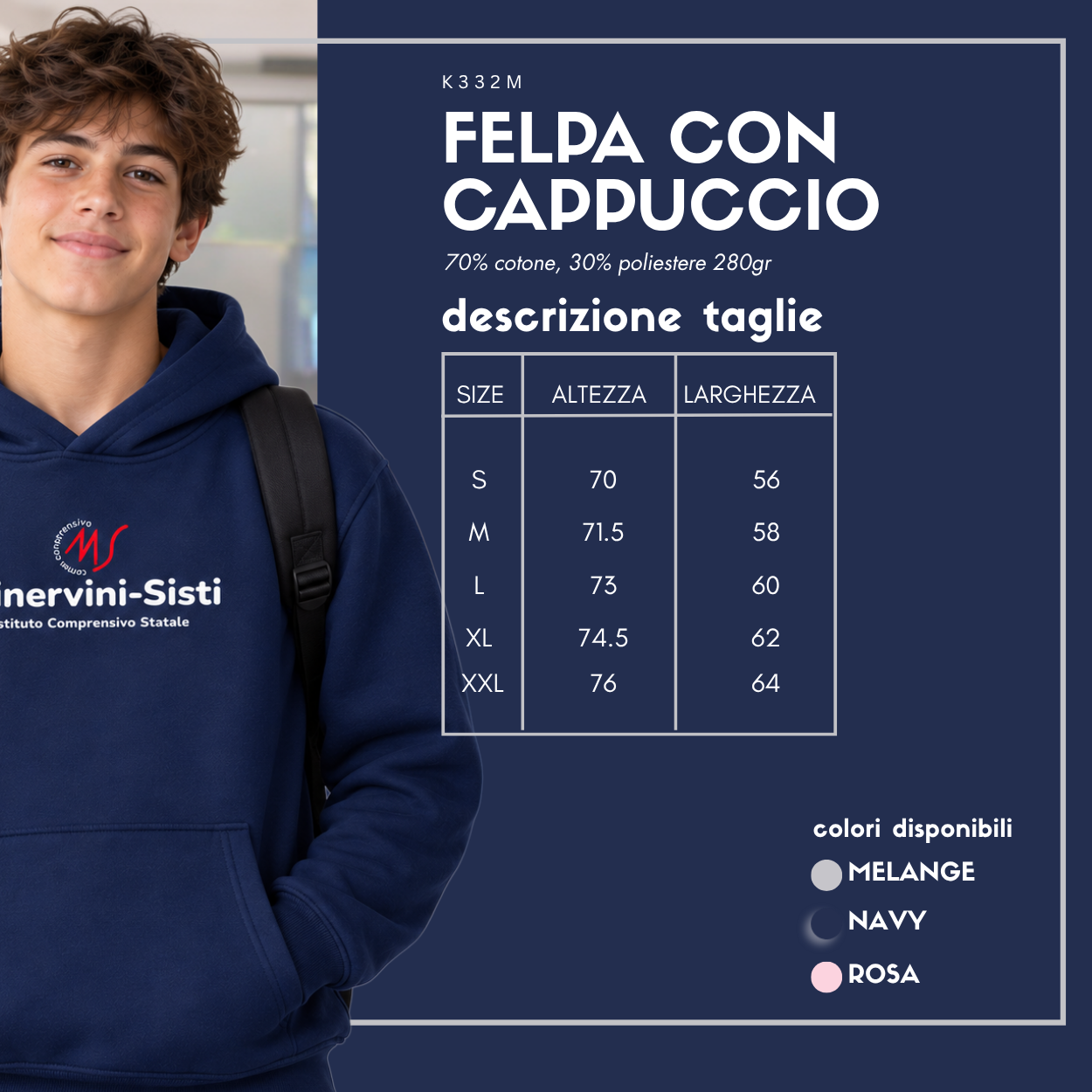 Felpa con cappuccio Istituto Comprensivo Statale “Minervini-Sisti” 2026/2027 – K332 2 Felpa con cappuccio Istituto Comprensivo Statale “Minervini-Sisti” 2026/2027 – K332 - immagine 2