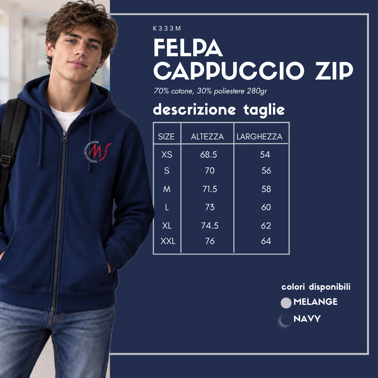 Felpa con cappuccio e zip Istituto Comprensivo Statale “Minervini-Sisti” 2026/2027 – K333M 3 Felpa con cappuccio e zip Istituto Comprensivo Statale “Minervini-Sisti” 2026/2027 – K333M - immagine 3