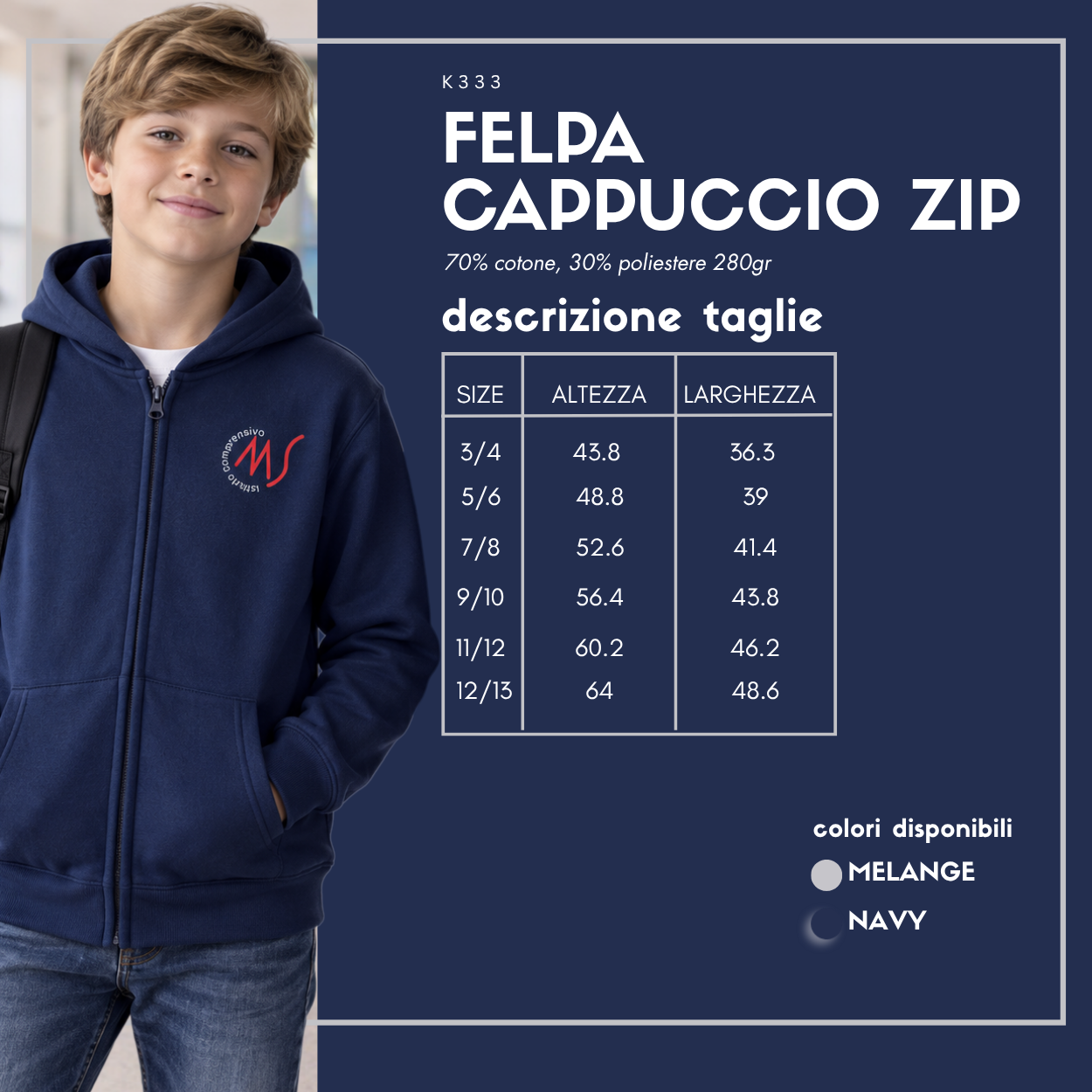 Felpa con cappuccio e zip bambino Istituto Comprensivo Statale “Minervini-Sisti” 2026/2027 – K333 3 Felpa con cappuccio e zip bambino Istituto Comprensivo Statale “Minervini-Sisti” 2026/2027 – K333 - immagine 3