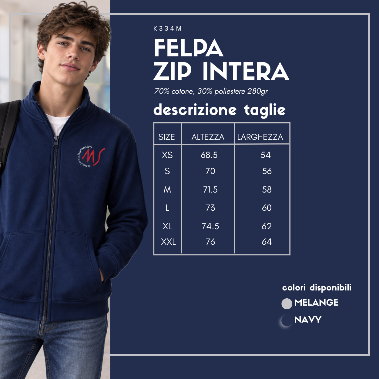 Felpa con zip intera Istituto Comprensivo Statale “Minervini-Sisti” 2026/2027 – K334M 3 Felpa con zip intera Istituto Comprensivo Statale “Minervini-Sisti” 2026/2027 – K334M - immagine 3